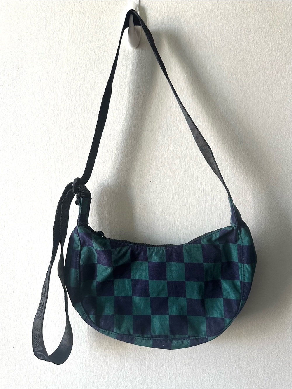 Baggu Navy Green Check Small Crescent Nylon Bag - Picture 2 of 6